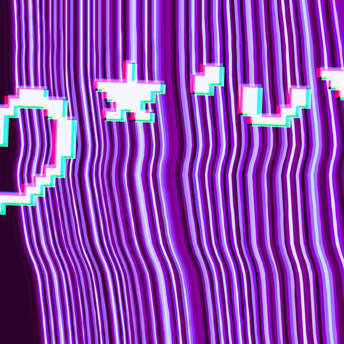 A glitch art image featuring vertical purple and white wavy stripes overlaid with pixelated, distorted white shapes showing chromatic aberration effects.