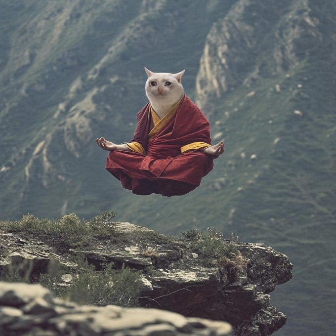 A white cat dressed in red and yellow monk robes levitates in a meditation pose above a rocky cliff edge with mountains in the background.