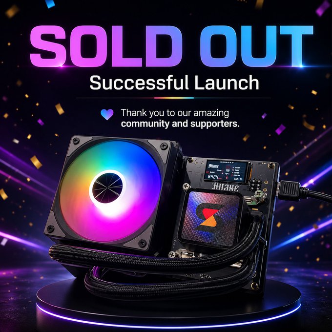 A promotional graphic featuring a Bitaxe Gamma Hex Bitcoin miner with RGB lighting and a digital display, set against a celebratory background with "SOLD OUT - Successful Launch" text and "Thank you to our amazing community and supporters," announcing the device's sell-out launch with an official restock coming this week.