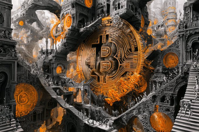 A complex, surreal digital artwork featuring an elaborate black-and-white architectural landscape with numerous staircases and structures, overlaid with glowing orange Bitcoin symbols and circuit board patterns, with a large central Bitcoin emblem that appears to be crumbling.