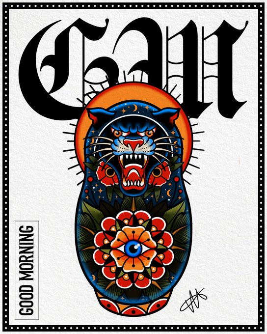 The image features a tattoo-style illustration of a traditional Russian nesting doll (Matryoshka) with a fierce blue panther head and decorative flowers, topped with the word "GM" in gothic lettering and a "GOOD MORNING" tag below. This aligns with the post's "GM" greeting and mystical theme, blending witchy and tattoo art aesthetics to wish the NFT community a magical Thursday.