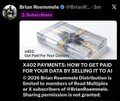 The image is a tweet from Brian Roseenvalt (@VisionRoze) highlighting that x402 payments will grow from $10M to $10B+ from 2026–2030, with merchants receiving stablecoins via Coinbase, Circle, Stripe, and Kalshi. The post reflects on his early Bitcoin advocacy—taking criticism when he first pushed it at 12¢—and suggests x402 will be an even bigger development eventually incorporating Bitcoin, drawing a parallel between his past crypto foresight and emerging payment trends.