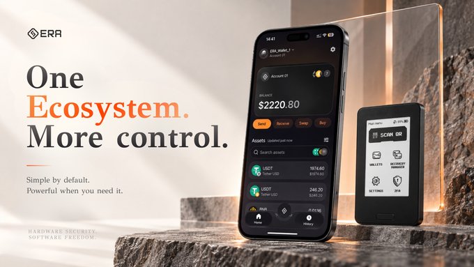 An advertisement for 'ERRA' showing a smartphone and hardware device displaying cryptocurrency balances, with the tagline 'One Ecosystem. More control.'