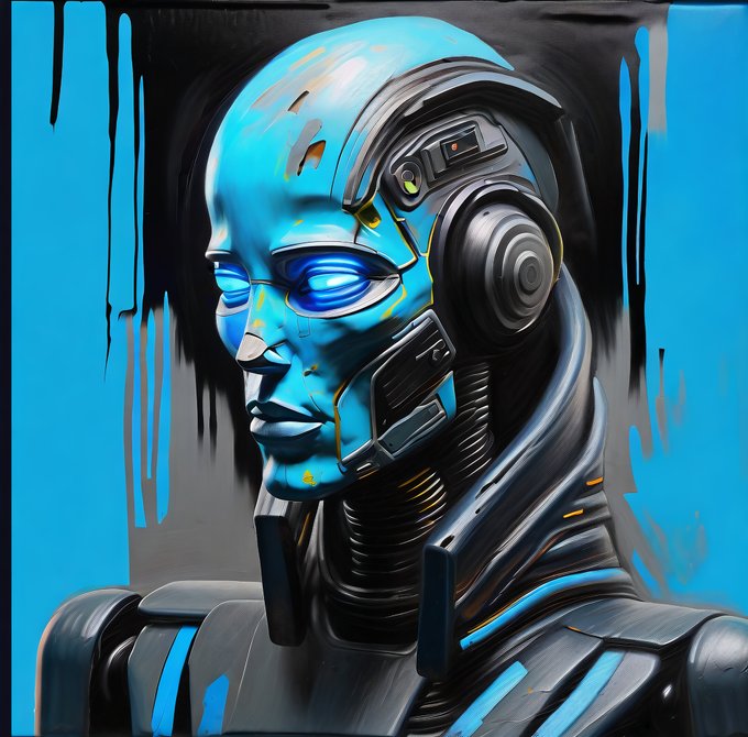 A vibrant digital painting of a blue and black cyborg or android head with glowing blue eyes, set against a background with blue paint drip accents.