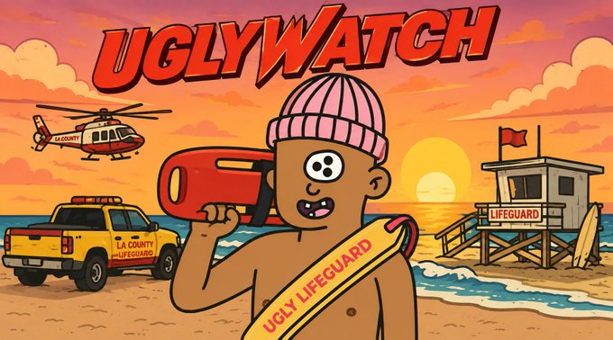A cartoon illustration titled 'UGLYWATCH' featuring a character wearing a 'UGLY LIFEGUARD' sash, with a helicopter, lifeguard truck, and tower in the background at sunset.