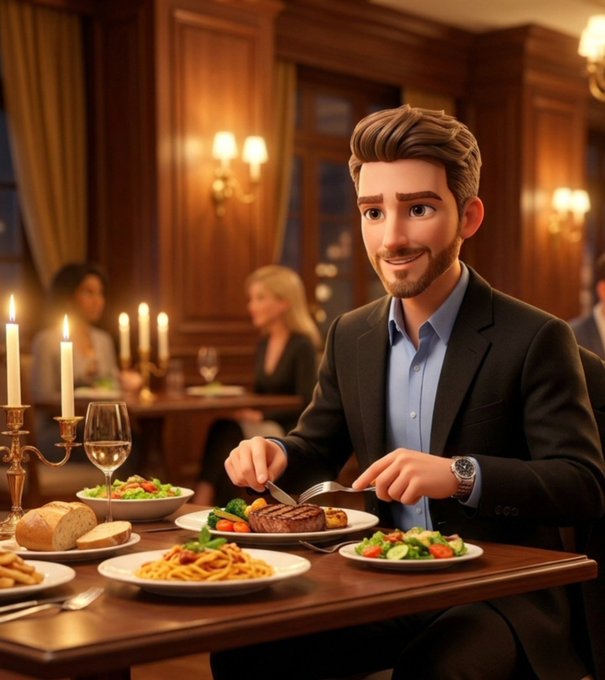 A 3D animated man in a black suit sits at an upscale restaurant table enjoying a meal of steak, pasta, and salad, with lit candles and other diners visible in the warm background.