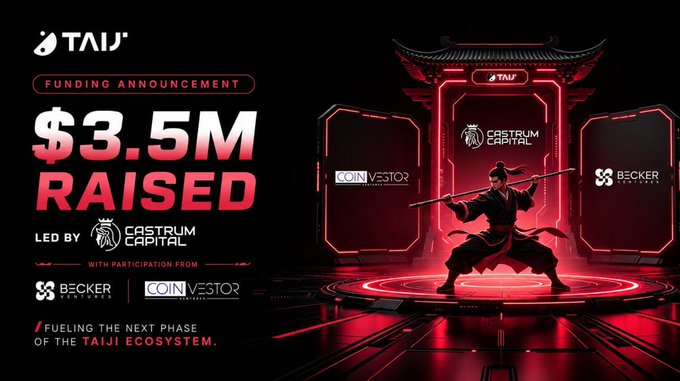 The image shows a black poster with red neon lights, featuring a man holding a sword standing next to a round platform that appears to be a virtual arena or video game level. The background of the poster has white text and logos for Taiji and other parties involved in the funding announcement. Additionally, the post includes links to social media posts by @Castrumistanbul, @BeckerVentures, and @CoinvestorV related to the fundraising round.