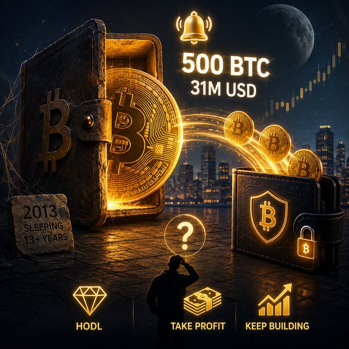 A dramatic Bitcoin-themed illustration showing glowing BTC coins spilling from a wallet with a tag reading '2013 SLEEPING 13+ YEARS', labeled '500 BTC 31M USD', with three choices below: 'HODL', 'TAKE PROFIT', and 'KEEP BUILDING'.
