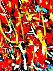 An abstract, colorful digital artwork with chaotic, bright strokes of red, yellow, blue, and white.