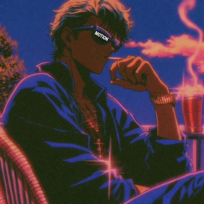 An anime-style digital artwork of a blonde young man wearing sunglasses that read 'MOTION' and a cross necklace, smoking a cigarette with a glowing red drink beside him, rendered in pink and blue tones.