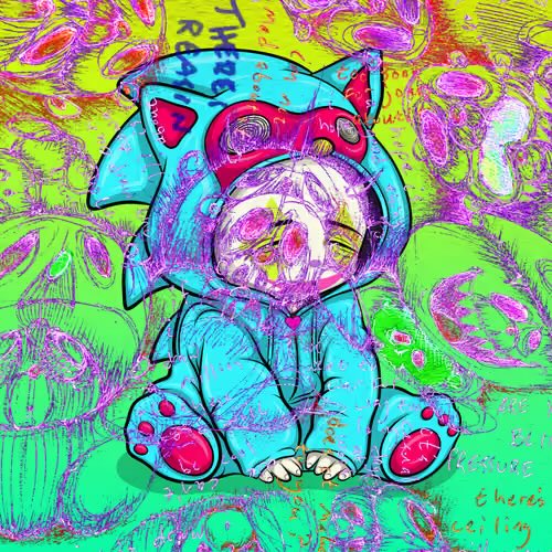 A colorful, psychedelic digital artwork of a chibi-style character in a teal animal onesie with a distressed face, set against a vibrant green and purple textured background.