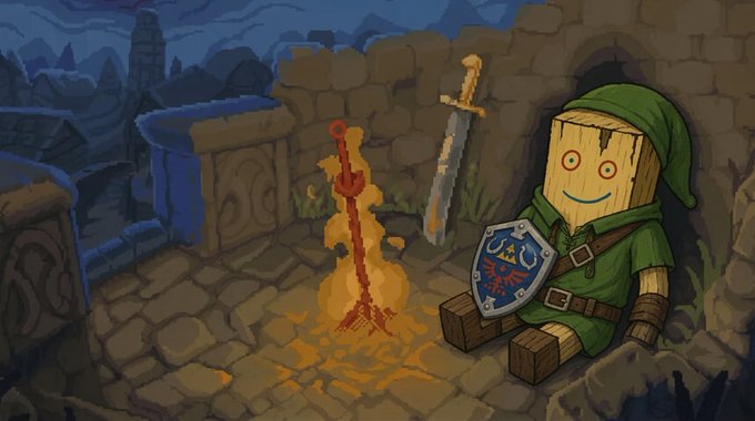 An illustrated scene of a wooden doll character dressed as Link from Zelda, sitting on stone steps beside a sword stuck in the ground, with a shield bearing the Triforce and Hylian crest.