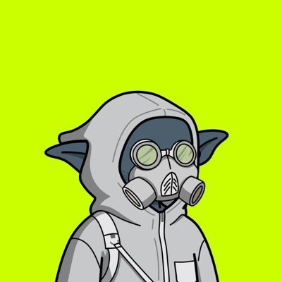 A cartoon illustration of a character wearing a gray hazmat-style hooded suit with a green gas mask featuring circular eye lenses, set against a bright lime-green background.
