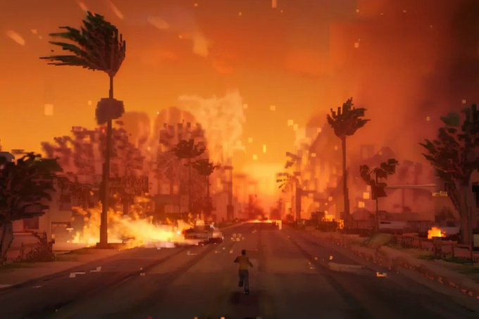 A dramatic, stylized scene of a person running down a road towards a burning, apocalyptic city with palm trees silhouetted against an orange sky, likely from the game 'Grand Theft Auto VI'.