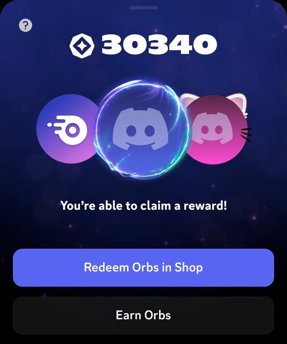 A mobile app screen showing a reward of "30340" orbs available to claim, with buttons for "Redeem Orbs in Shop" and "Earn Orbs".