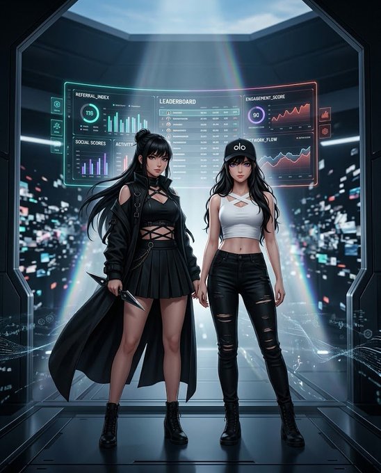 Two anime-style female characters stand in a futuristic sci-fi setting before glowing screens displaying 'LEADERBOARD', 'REFERRAL_INDEX', 'ENGAGEMENT_SCORE', 'SOCIAL_SCORES', and 'ACTIVITY' charts.