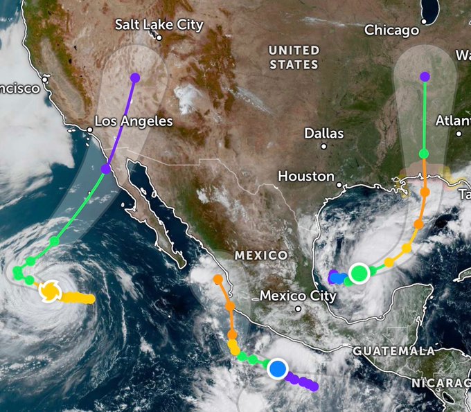 A weather map showing hurricane and tropical storm paths over the Pacific Ocean, Mexico, and the Gulf of Mexico affecting the United States, with colored track lines.