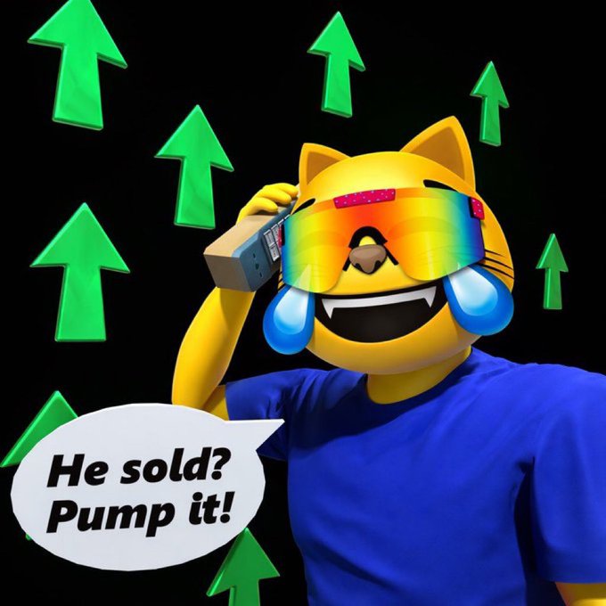 A 3D-rendered cat character wearing a blue shirt and rainbow sunglasses, crying while holding a phone to its ear, surrounded by green upward arrows and a speech bubble saying 'He sold? Pump it!'.