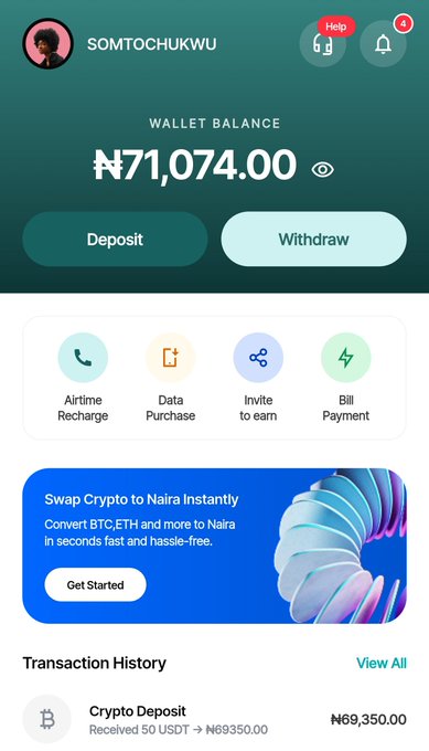 A mobile wallet app interface for user 'SOMTOCHUKWU' showing a wallet balance of ₦71,074.00, with options to deposit, withdraw, and a recent transaction of a 50 USDT crypto deposit.