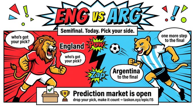 This "ENG vs ARG Semifinal. Today. Pick your side." image depicts a lion representing England and a cougar representing Argentina, both in their team's kits, with a soccer ball in between. It promotes the "prediction market is open" on taskon.xyz/epic/15 for the match.