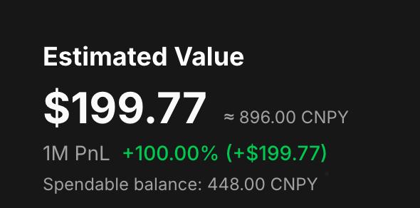 The image displays a wallet balance showing an estimated value of **$199.77 (~896.00 CNPY)**, with a 1M PnL gain of **+100.00% (+$199.77)** and a spendable balance of **448.00 CNPY**.

This screenshot serves as proof of an airdrop reward from the **@CNPYNetwork**, showcasing the user's earned tokens after participating in the airdrop campaign referenced in the post.