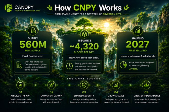 An infographic titled 'How CNPY Works' explains the cryptocurrency's economics with stats like '560M MAX SUPPLY' and '~4,320 BLOCKS PER DAY', alongside a 'THE CNPY JOURNEY' timeline.