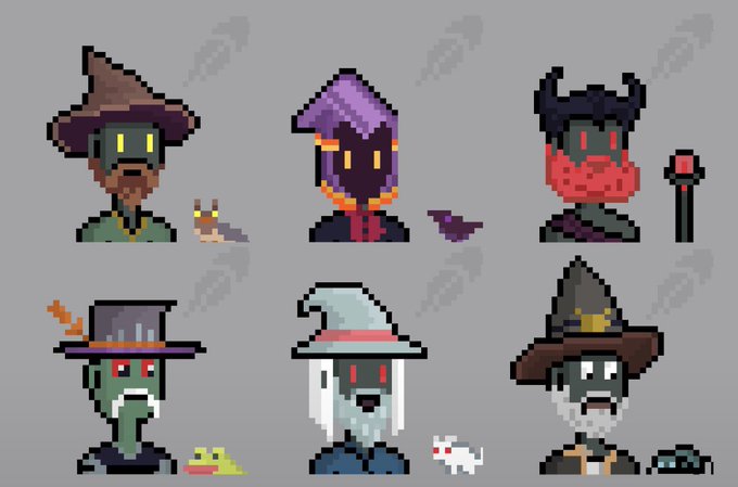 Pixel art sprites of six wizard characters in various colorful hats and robes, each paired with a small animal companion like a cat, bird, duck, or snake.