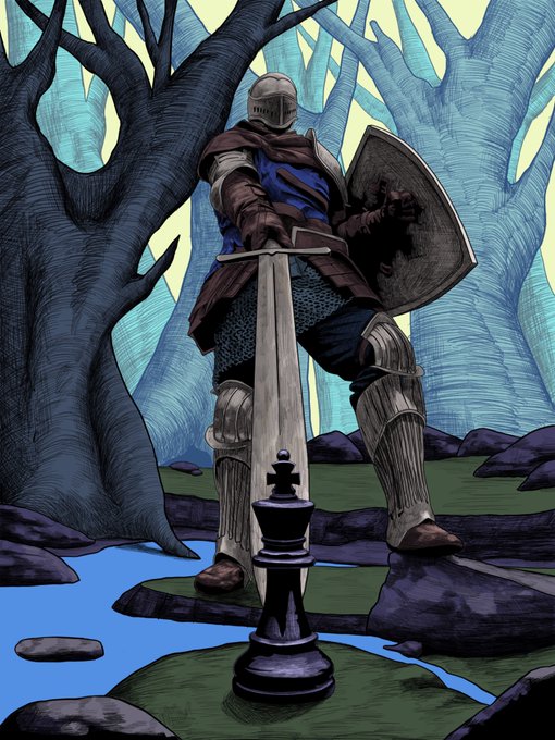 An illustration of a knight in armor with a sword and shield standing in a stylized forest, positioned behind a large black chess king piece on a chessboard.