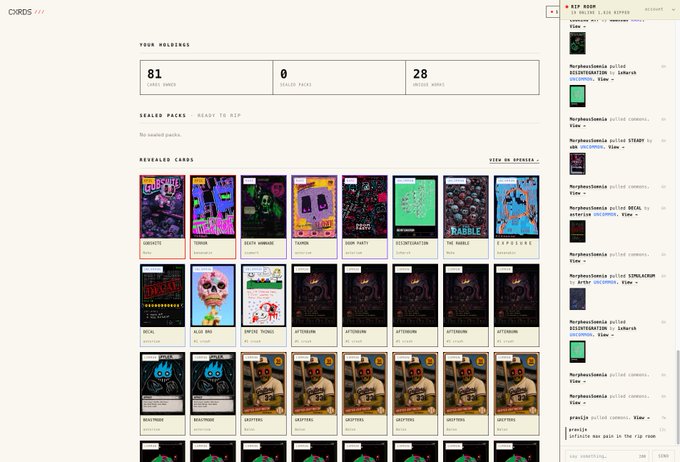 A screenshot of the Manifold CXRDs dashboard showing a user's card holdings, displaying 81 total cards (0 unsealed packs, 28 unique cards), with a grid of revealed card artworks including titles like "PURPLE RAIN," "PEPE'S JOKERS," "CLOWNS," "DECAY," "BREEDING PEACE," "MANIFOLD," "SEIZED," "PEACH," and "SKELE," alongside a live chat feed on the right where users like "MorphoGoblins" and "acbdv" are discussing rip activities. The image relates to the post by illustrating the user's card collection on the CXRDs platform after they "ripped" (opened) their cards in the rip room, revealing the colorful NFT artwork collection displayed in the grid.