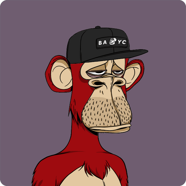 A cartoon illustration of a red monkey wearing a black baseball cap with 'BAYC' written on it, styled like a Bored Ape Yacht Club NFT.