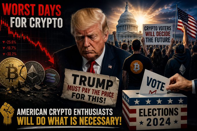 This image depicts Donald Trump with a falling cryptocurrency graph and visuals of Bitcoin, Ethereum, and Solana coins, alongside text stating "WORST DAYS FOR CRYPTO" and "TRUMP MUST PAY THE PRICE FOR THIS!". It relates to the post by visually representing the sentiment that crypto enthusiasts hold Trump responsible for bad times in cryptocurrency and will act in the "ELECTIONS 2024".