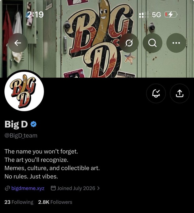 A Twitter/X profile for 'Big D' (@BigD_team) with a verified badge, describing itself as 'The name you won't forget. The art you'll recognize. Memes, culture, and collectible art.' linked to bigdmeme.xyz.
