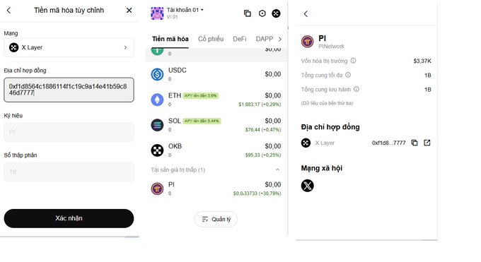 The image shows a Vietnamese-language cryptocurrency wallet interface (X Layer network) displaying token holdings including USDC, ETH, SOL, OKB, and Pi Network, with Pi Network's contract address "0x1d8...7777" shown on the right panel. The screenshots illustrate how to verify a token's smart contract address, serving as a warning that Pi Network's contract "0xf1d8564c1886114f1c19c9a14e41b59c846d7777" is a scam that investors should avoid.