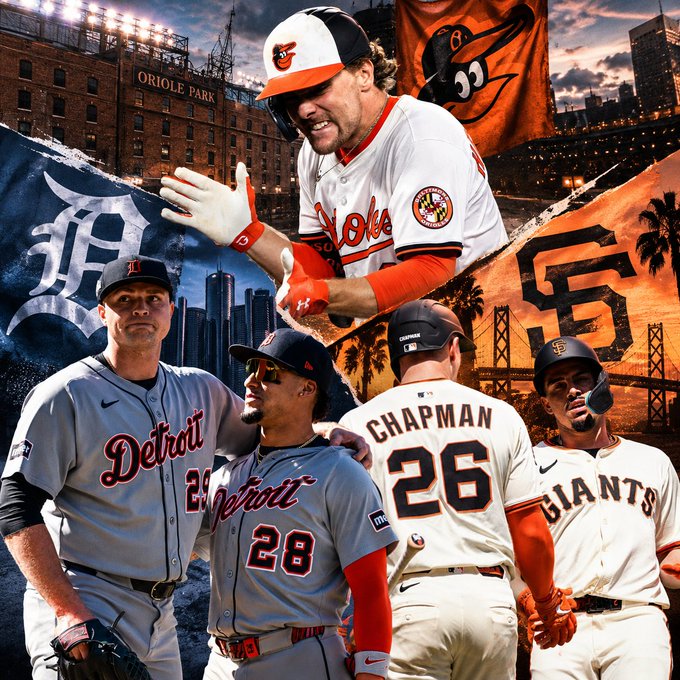 A dynamic sports composite featuring Baltimore Orioles player "CHAPMAN 26" celebrating at Oriole Park, surrounded by Detroit Tigers and San Francisco Giants players, with team logos and stadium backdrops framing the scene—visually representing the MLB players referenced in the post about printing money on Roobet.