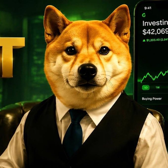 An AI-generated image of a Shiba Inu dog wearing a business vest and tie, with a stock trading app showing $42,069 portfolio value and green upward chart behind it.