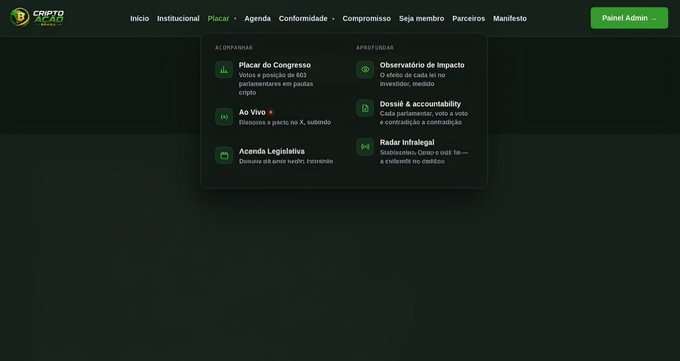 A website screenshot in Portuguese for 'CRIPTO BRASIL' showing a member panel with options like 'Placar do Congresso,' 'Observatório de Impacto,' 'Ao Vivo,' and 'Dossiê & accountability.'