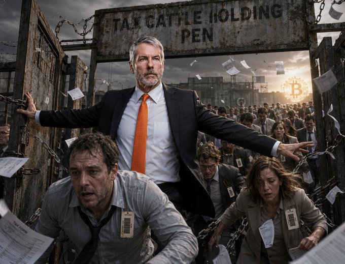 A dramatic dystopian-style image showing a man in a suit with an orange tie standing at the entrance of a 'TAX CATTLE HOLDING PEN,' with a Bitcoin symbol in the background and distressed crowds carrying tax documents.