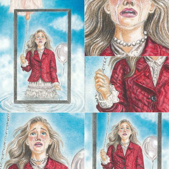A collage of hand-drawn illustrations showing a crying woman in a red jacket holding a chain attached to a picture frame, with a white balloon floating nearby.
