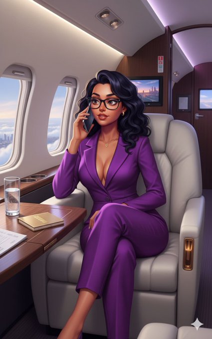 A woman with long dark hair and glasses wears a stylish purple suit while taking a phone call aboard a private jet, with a city skyline displayed on the cabin's screen. The luxurious business-travel setting complements the post's message about building, learning, and growing the Nomisma Network community through consistent, meaningful contributions.