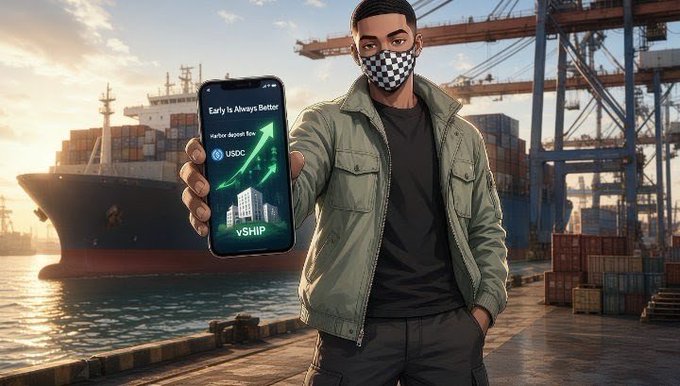 A masked man in a green jacket stands at a shipping port, holding up a smartphone displaying a screen with text including "Early is Always Better," "USDC," and "vSHIP" alongside a green upward chart arrow, visually tying into the post's description of Harbor's USDC-based yield strategy on Morpho that stacks vSHIP rewards ahead of the $SHIP launch.