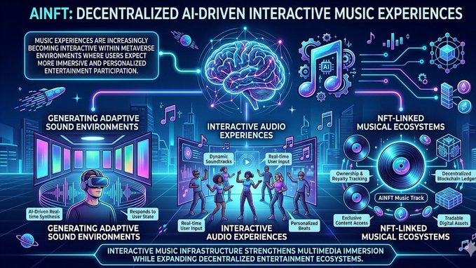 The image shows a visual representation of different aspects related to AI-driven interactive music experiences, focusing on how they are becoming more immersive and personalized within virtual environments like the metaverse. This concept aligns with the post by AINFT about "decentralized AI" that is used in innovative ways to create unique and interactive music experiences. The graphic displays various elements such as people in virtual reality environments, musical instruments, and other objects related to a futuristic music-related setting within an interconnected structure where users can actively participate and engage with the music in novel ways.