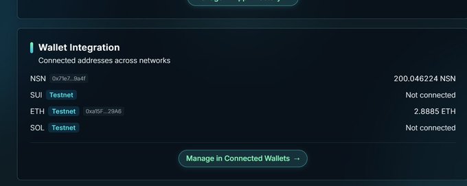 A dark-themed dashboard displaying Wallet Integration with connected addresses across networks including NSN (200.046224 NSN), SUI (Testnet), ETH (Testnet, 2.8885 ETH), and SOL (Testnet).