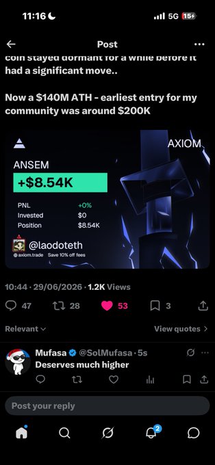 The image is a screenshot of a social media post by user @laodoteh celebrating a $140M all-time high on a coin (ANSEM), noting their community's earliest entry was around $200K, alongside a reply from @SolMufasa saying "Deserves much higher."