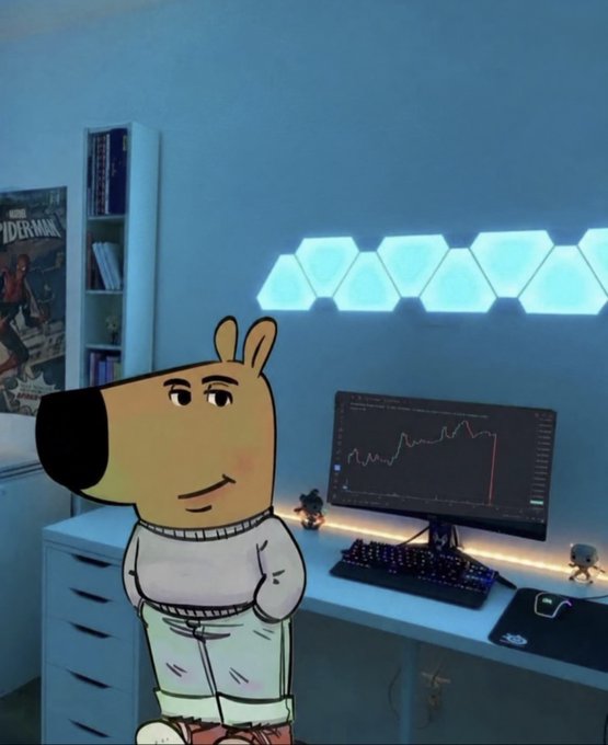 A composite image blending a cartoon dog character standing in a room with a real-life gaming setup featuring hexagonal LED lights and a monitor displaying a stock chart.