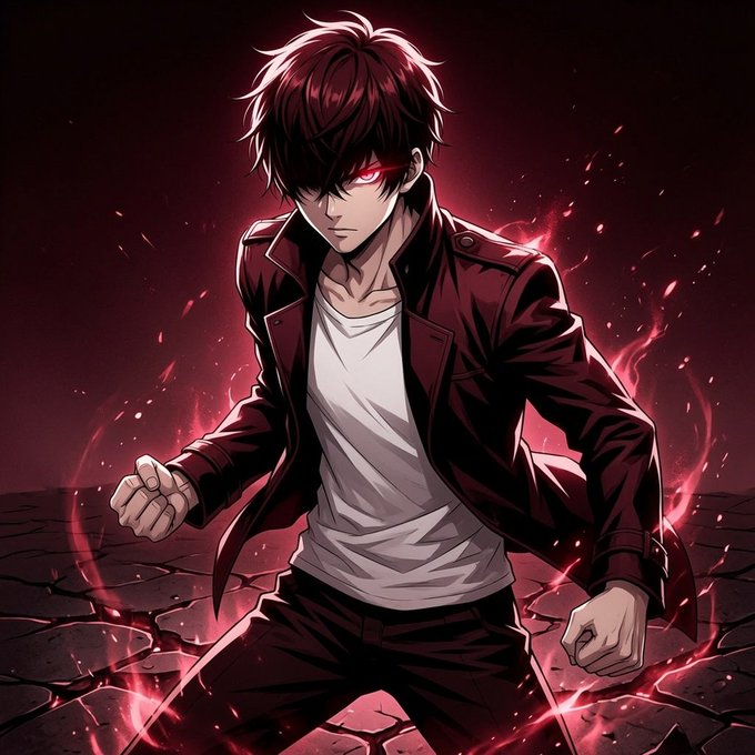 Anime-style digital artwork of a young man with messy dark hair and glowing red eyes, wearing a dark red jacket over a white shirt, standing in a fighting stance with red energy swirling around him.