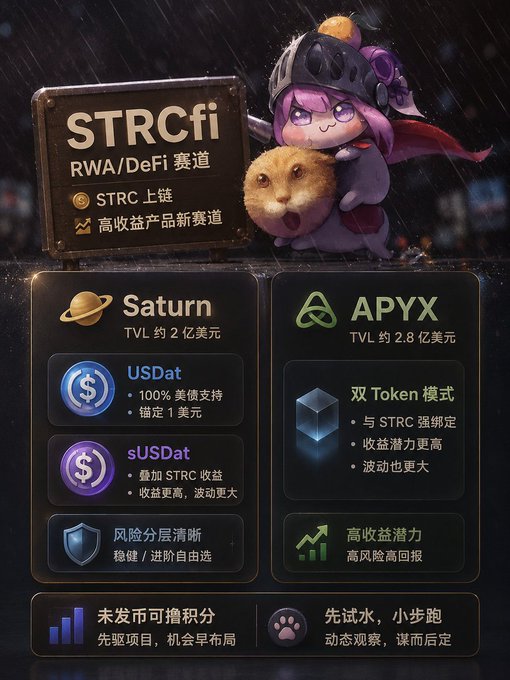 A promotional graphic for 'STRCfi' RWA/DeFi赛道 featuring a cute anime character with a hamster, highlighting two protocols: Saturn (TVL ~$200M) with USDat and sUSDat tokens, and APYX (TVL ~$280M) with dual-token mode, noting '未发币可撸积分' (pre-token points farming opportunities).