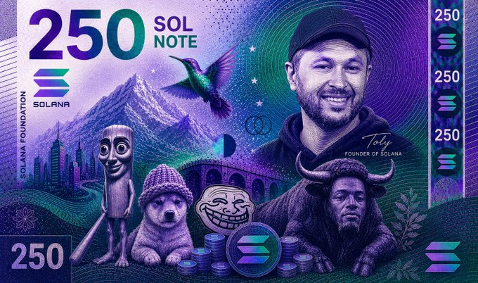 A stylized 250 SOL commemorative note featuring a portrait labeled "Toly, FOUNDER OF SOLANA," alongside a hummingbird, a trollface meme dog, a troll character, and a bull-headed figure, with "SOLANA FOUNDATION" and "SOL NOTE" text throughout. The image ties to the #SOLNOTE post by visually celebrating Solana's founder and meme culture tied to the SOL ticker.