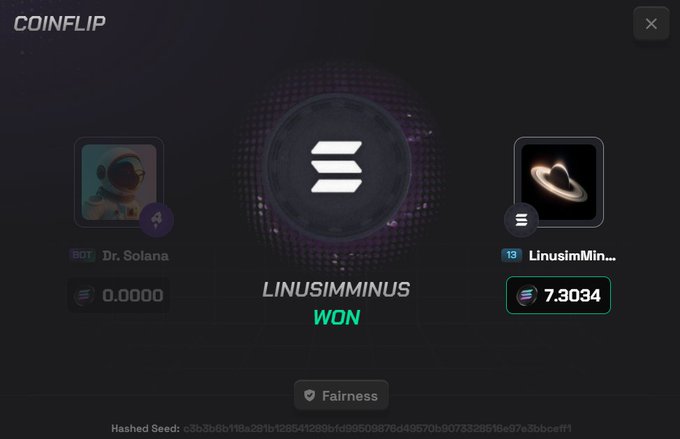 A coinflip betting game on Stake between "BOT Dr. Solana" and "LinusimMinus," where the user LinusimMinus won 7.3034 SOL, as shown in the post's live casino stream promotion on kick.com/demauxtv.