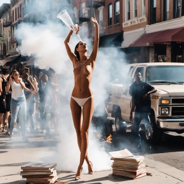 A woman in a bikini strikes a triumphant pose amid plumes of smoke and scattered burning books on a city street, evoking the striking imagery of the "Books are burning" piece from the AI collection.