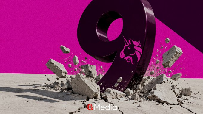 3D render of a large purple number '9' with a unicorn emblem crashing into a concrete surface, sending debris flying against a vibrant magenta background, branded with a 'Media' logo.